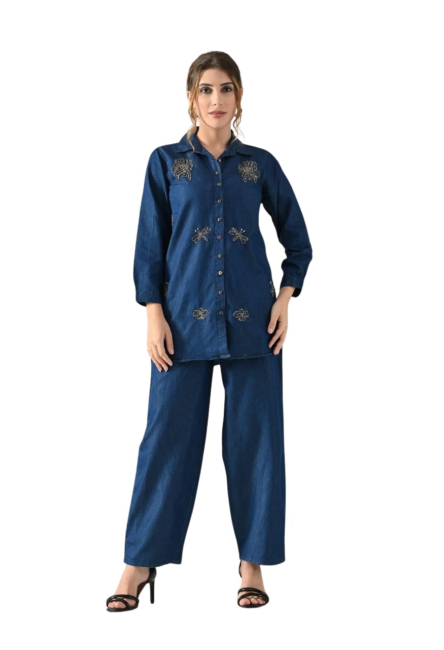 Women's Denim Bead Work Coord Set | 3/4 Sleeve | Collar Neckline | Pant With Half Elastic and Draw Strings | Casual Wear |