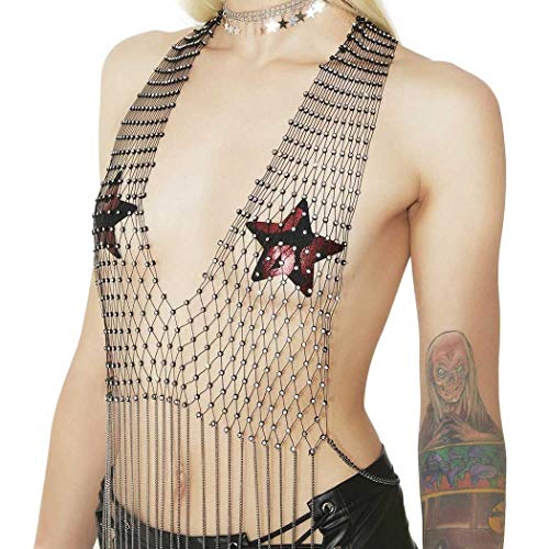 DRESBE Boho Rhinestone Mesh Body Chains Black Tassel Backless Tank Top See-Through Halter Party Body Jewelry Accessories for Women and Girls