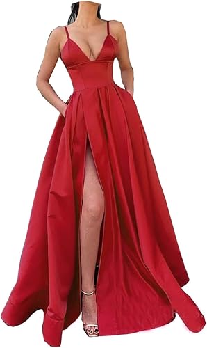 Miniatura 5 de Fanciest Vestidos de noche de satén con tirantes delgados para mujer, con abertura alta, con bolsillos, vestido formal largo