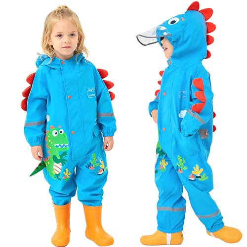 Fewlby Kids Puddle Suit All in One Waterproof Overalls Rain Suit Boys Girls Muddy Suit Hooded Raincoat Cartoon Dinosaur Rainwear 2-4 years M Size