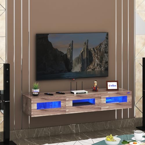 Image of Anikaa Rayza Wall Mount Modern Floating TV Unit for Living Room | 3 Closed Storage cabinets with hinged Door - 3 Blue LED Light | Ideal for UP to 65 Inch TV Coachwood Finish - DIY Installation