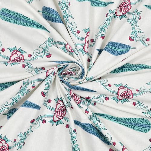 Image of BLOCKS OF INDIA 200TC Diwan Set Cotton 8 Piece | Deewan Printed Bedsheet Sets for Living Room Hall (Set of 8 Piece, 1-Bed Sheet | 2-Bolster Cover | 5-Cushion Cover (Turquoise Patti)