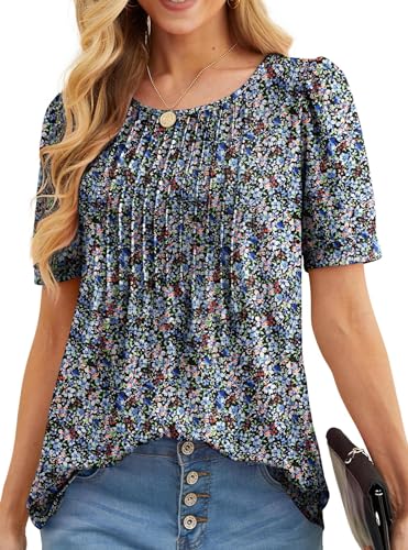 GRECERELLE Tshirt Damen Sommer Kurzarm Rundhals Oberteile Damen Shirt Freizeit Blusenshirt Leichte Lässig Tuniken Tops T-Shirt (Schwarze mit Anemone, L)