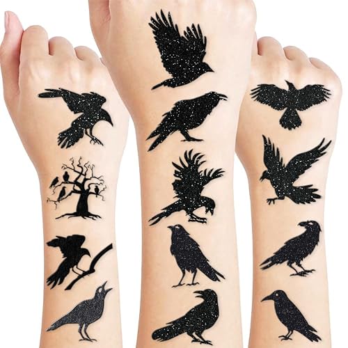 Frawharmone Crow Bird Temporary Tattoos Stickers Theme Animal Birthday Party Supplies Favors Decorations 100Pcs Black Horror Crows Raven Gothic Tattoo Sticker Gifts For Boys Girls School Prizes Halloween Carnival cover