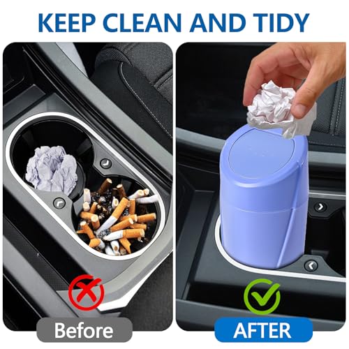 Image of Hovom Mini Car Trash Can with Lid, Portable Garbage Can for Car, Leakproof Cup Holder Automotive Garbage Bin with 2 Rolls of Trash Bags, Small Trash Storage Can for Car Home Office(Dark Blue)