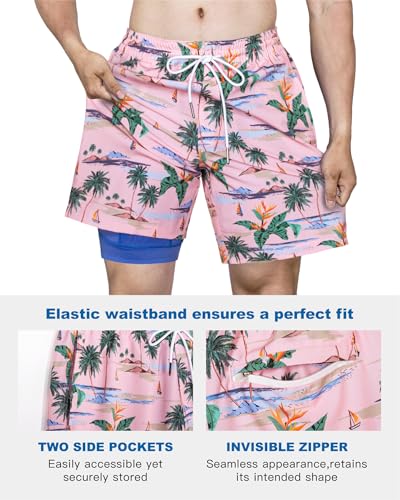 Image of SURF CUZ Mens Swim Trunks with Compression Liner Swim Shorts 7 inch Swimming Trunks Stretch 7 Inch Swim Suits Quick Dry