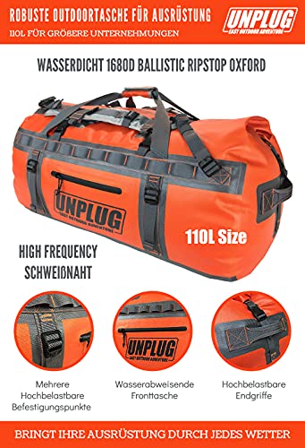 Unplug Ultimate Adventure Bag -1680D Heavy Duty Waterproof Duffel Bag for Boating, Motorcycling, Hunting, Camping, Kayaks or Jet Ski. Gets Gear Through Any Conditions (110L, Adventure Orange)