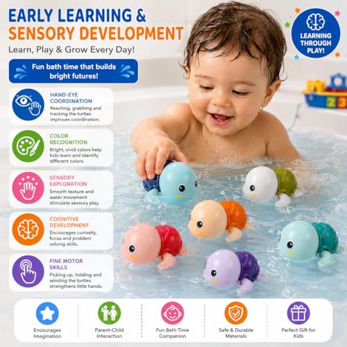 Image of PLUSPOINT Bath Toys for Toddlers | 4 Pack Swimming Turtle Bath Toys | Wind Up Floating Water Toys for Babies & Kids | Bathtub, Pool & Water Play Toys for Boys & Girls 1+ Years