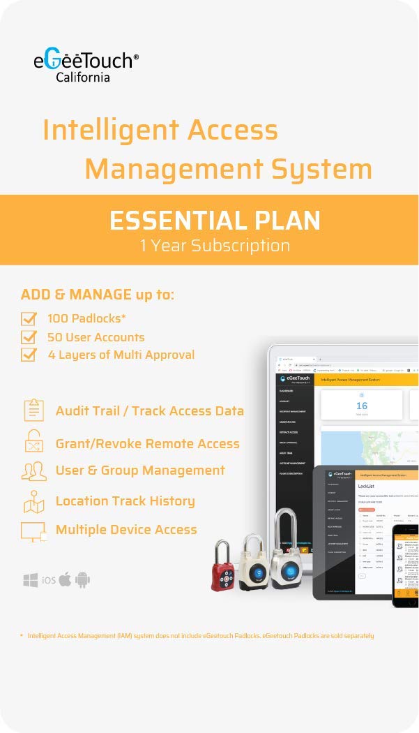 eGeeTouch Intelligent Access Management System to ACCESS & MANAGE Padlocks & Users, GRANT & REVOKE Access REMOTELY and TRACK Access History | 1 Year Subscription (ESSENTIAL Plan) | 14 Days FREE Trial