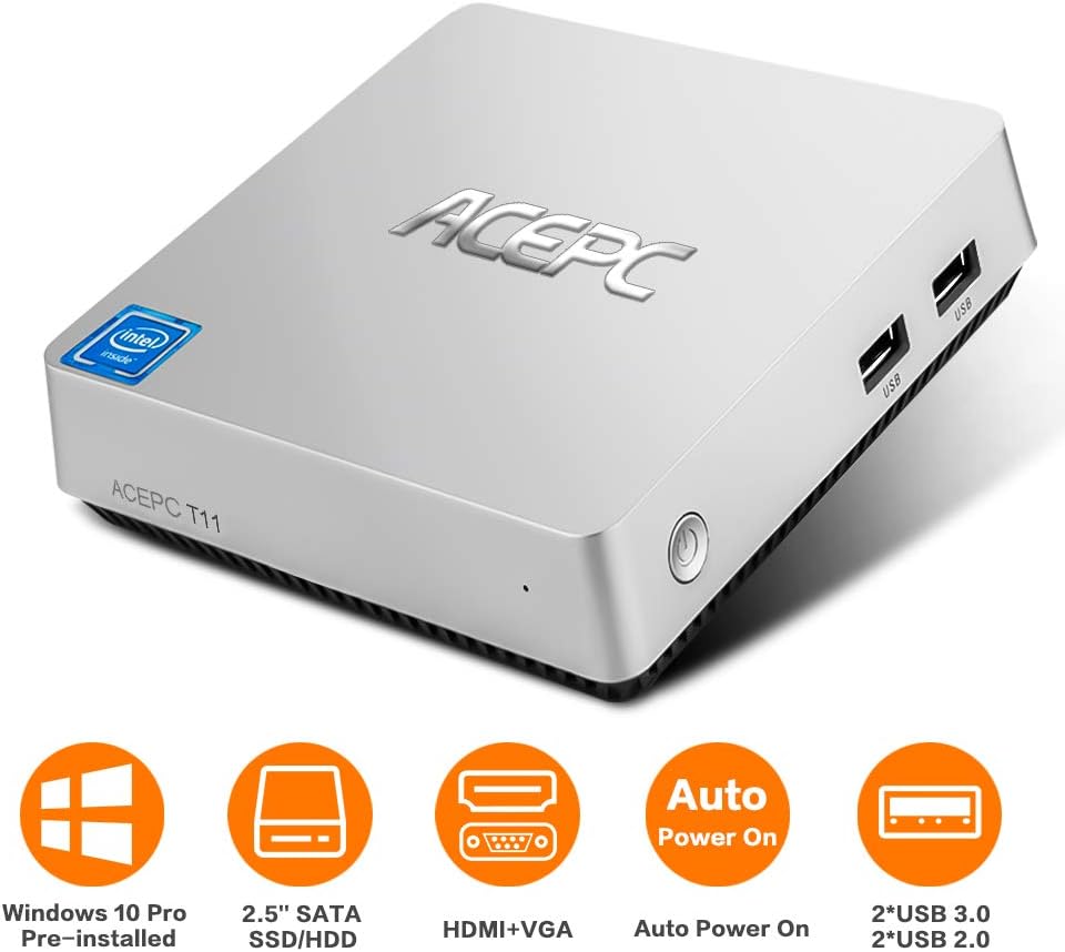 Fanless Mini PC Windows 10 Pro, ACEPC T11 Intel Atom x5-Z8350 HD Graphics Mini Computer 4GB Ram/ 32GB eMMC, Support 2.5 Inch SATA SSD/Dual-Band WiFi/HDMI&VGA Dual Output/ 4K/ 1000Mbps LAN/BT 4.2