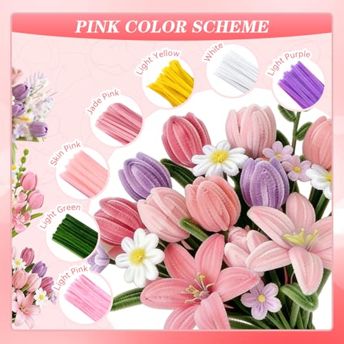 Pipe Cleaner Flower Bouquet Kit, 650Pcs 7 Colors Pink Tulip Set - image 3