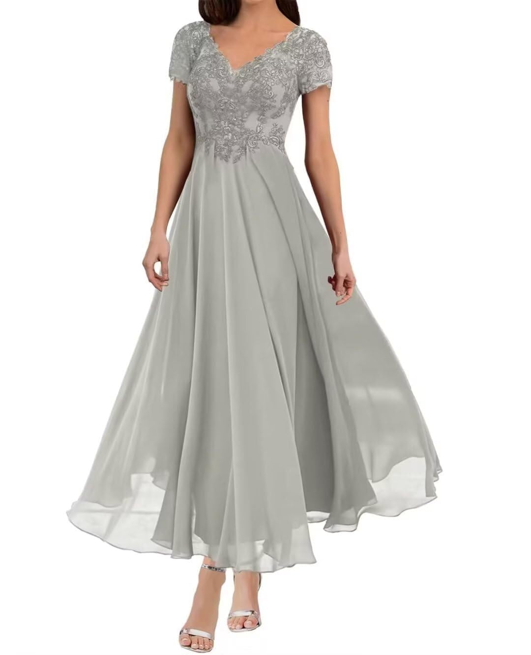 RGKEIOWomen's V Neck Mother of The Bride Chiffon Tea Length Dresses with Sleeves Lace Formal Evening Gowns