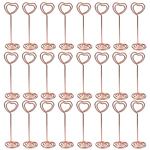 CSPRING Heart Shape Wire Metal Picture Display Table Number Holder Stand Clips Place Card Holders for Wedding Party Menu Name Desk, 24PCS (Rose Gold)
