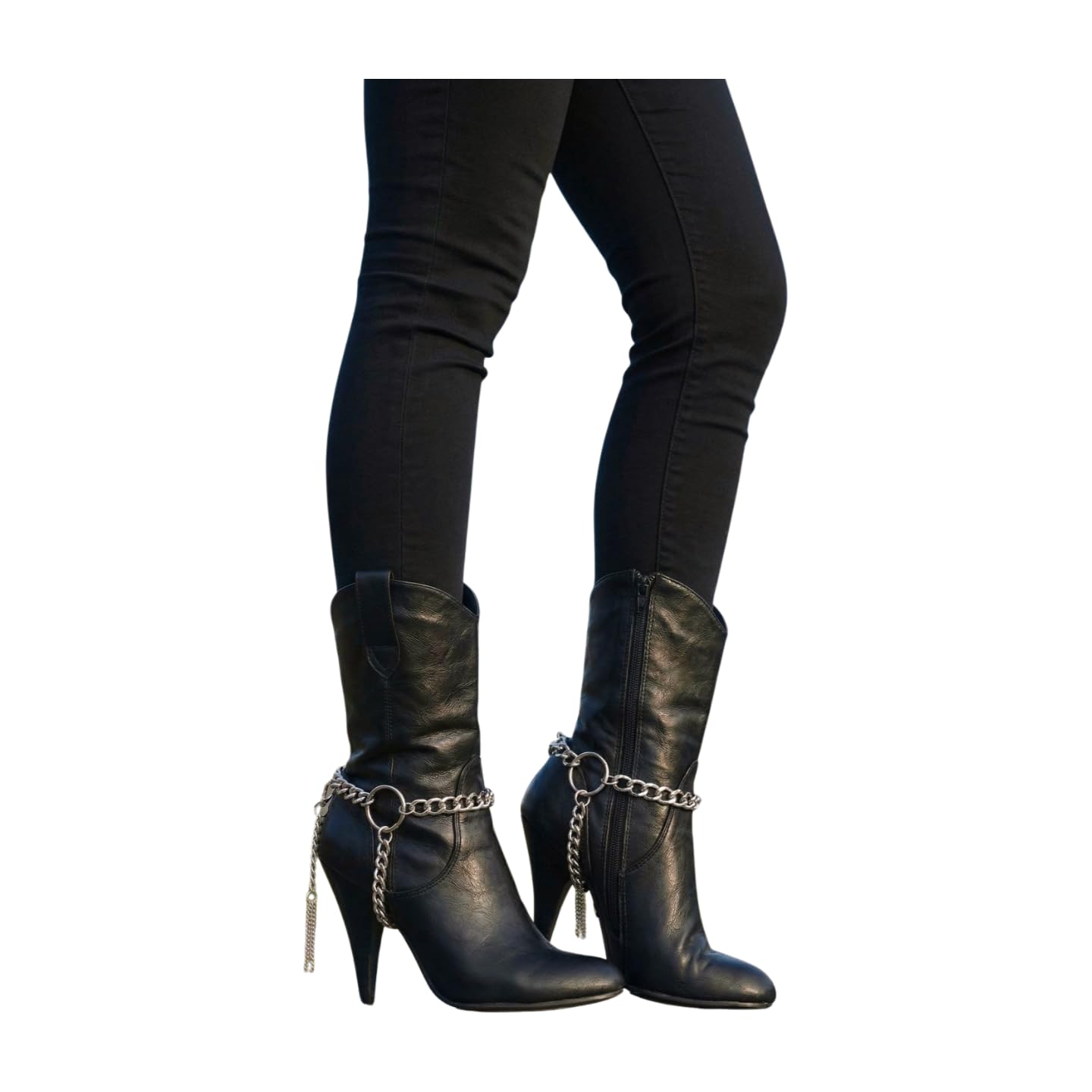 Women 2PCS Western Fashion Jewelry Boot Bracelet Metal Chain Silver Big Ring Bling Shoe Charm SET BC133