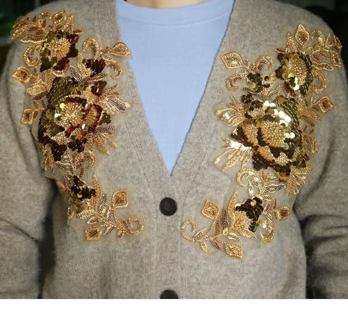 G-RUI 2pc/Pair Luxury Beaded Sequin Golden Flower Embroidery lace Appliques for Wedding Dresses Rhinestone lace Applique Patches Embroidery lace parches ropa…
