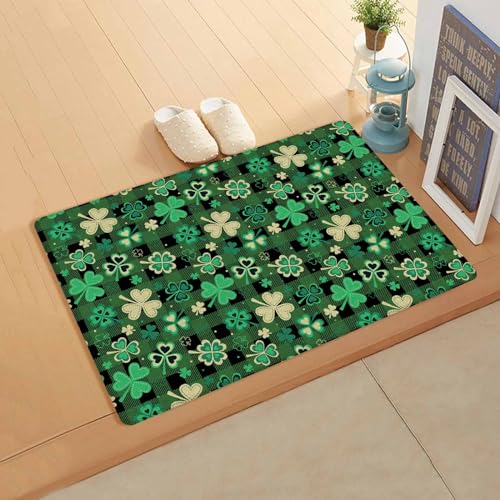 St. Patrick's Day Kitchen Bath Door Mat Cushioned Runner Rug,Washable Welcome Floor Sink Antifatigue Mat,Waterproof & Non-Slip Comfort Standing Doormat,Farmhouse Buffalo Plaid Green Plant 24