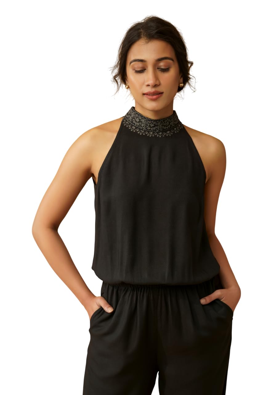 Women's Freja Halter Neck Jumpsuit Cotton Tencel, Sleeveless, Relaxed Fit, Full Length, Back Tie-Up Closure-image-41