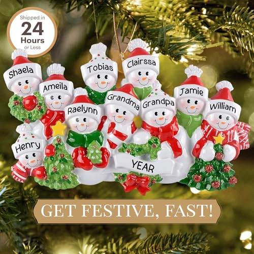 Personalized Large Family of 10 Ornament 2025 | Free 24h Customization | Laser Engraved Snowman Christmas Ornaments for Tree | Custom Gift Wrapped Festive Holiday Keepsake for Ten Persons - Image 4