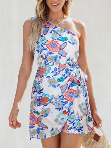 Image of CUPSHE Women's One Shoulder Leaf Print Self-tie Short Dress Sleeveless Tiered Hem Formal Dress Casual Mini Dress