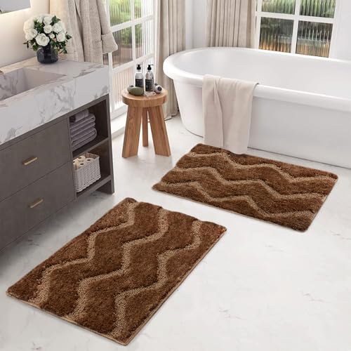 Image of Luxe Home Super Soft Microfiber Bath Mats Non-Slip TPR Backing Scotland Waves Water Soak Bathroom Mat & Door Mats for Home Combo (38x58 cm) - Sea Coffee