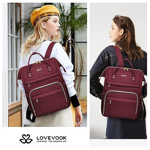 Image of LOVEVOOK Laptop Backpack for Women,15.6 Inch Professional Womens Travel Backpack Purse Computer Laptop Bag Nurse Teacher Backpack,Waterproof College Work Bags Carry on Back Pack with USB Port,Wine Red