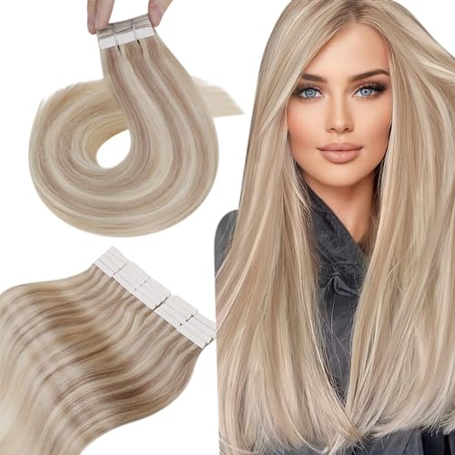 Hetto Tape in Hair Extensions Human Hair Ash Blonde with Bleach Blonde 16 Inch, Invisible Tape Hair Extensions