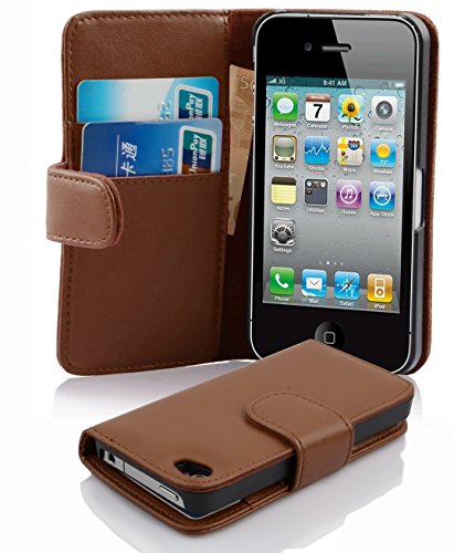 Cadorabo Hülle für Apple iPhone 4 / iPhone 4S in KAKAO BRAUN – Handyhülle aus glattem Kunstleder mit Standfunktion & Kartenfach – Hülle Cover Schutzhülle Etui Tasche Book Klapp Style