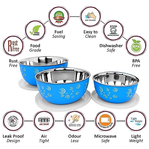 Image of Microwave Safe Stainless Steel Food Storage Container with Lid | Euro Mixing Bowl Set for Kitchen | 500ml, 750ml, 1250ml | Pack of 3 | Leak-Proof (Blue Spiral 3)
