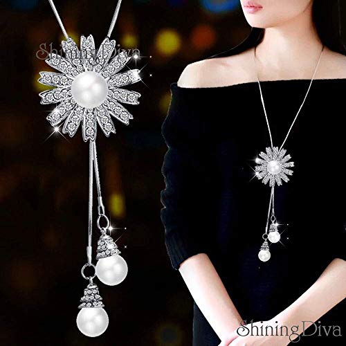 Image of Shining Diva Fashion Crystal Flower Stylish Long Chain Pendant Necklace for Women and Girls
