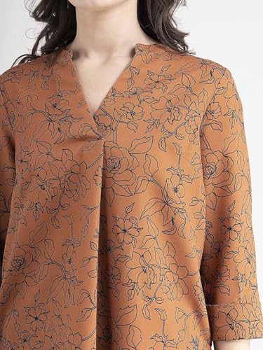 Image of FableStreet Women Shirt Work & Casual | Relaxed Fit Mandarin V-Neck Three-Quarter Sleeves Solid Pattern | Breathable Woven Fabric for Office & Everyday Wear