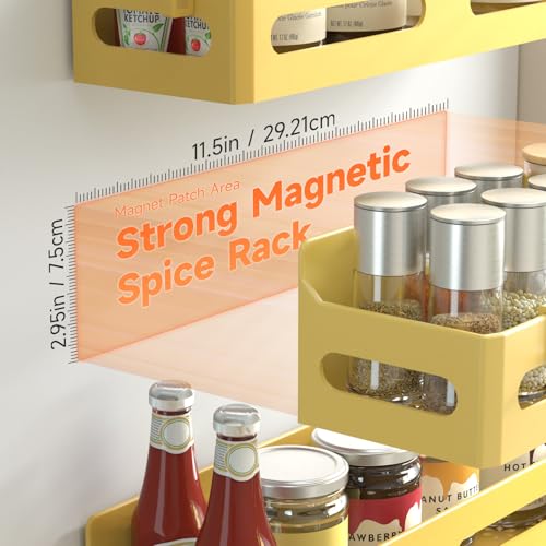 Image of Sevenblue 4-Pack Magnetic Spice Rack for Refrigerator with Hooks, Yellow | Strong multipurpose magnetic shelf for kitchen & bathroom organization. Includes 4 removable hooks for hanging items.