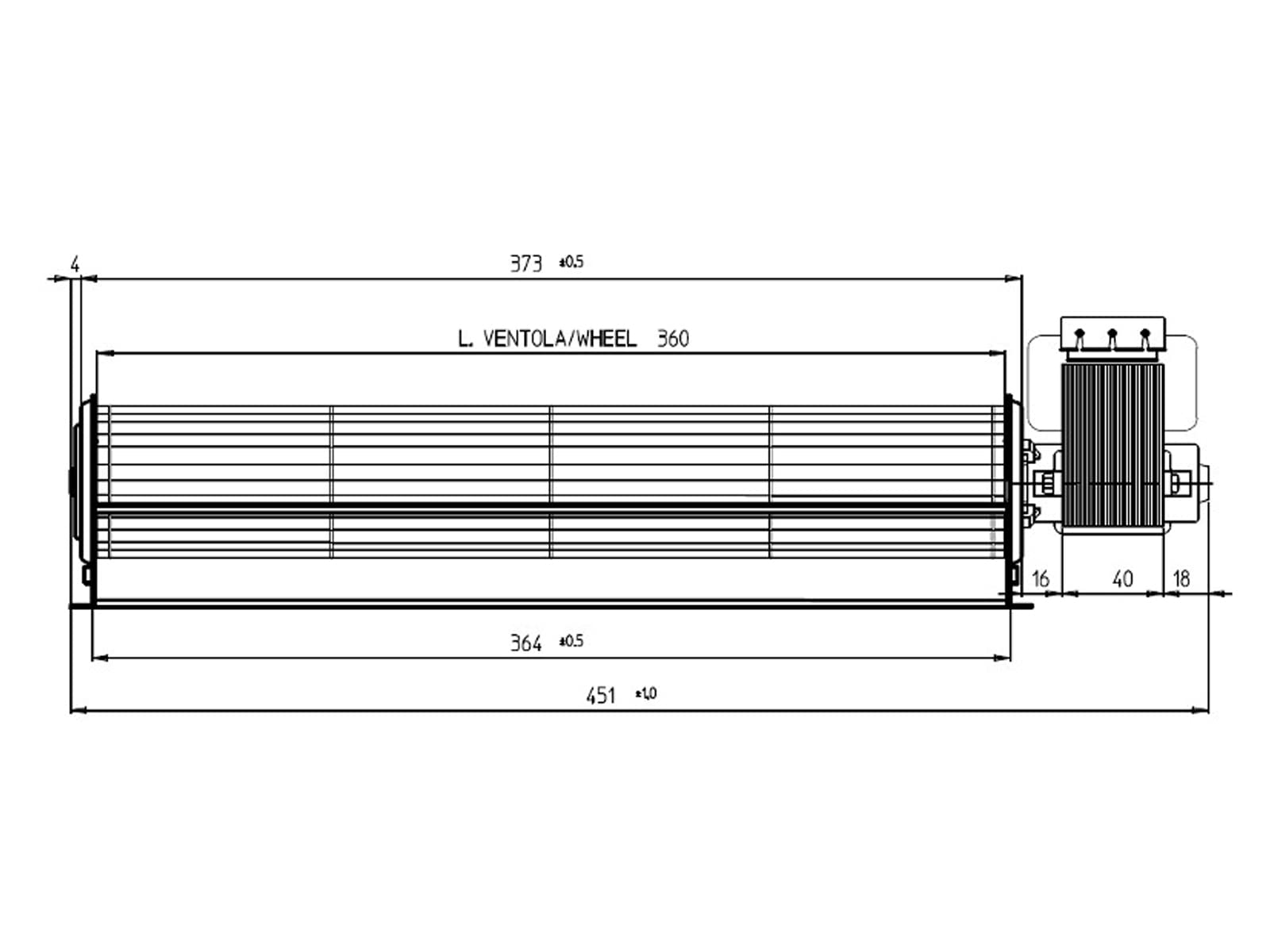 eRicambi, Ventilatore Tangenziale per Stufe a Pellet TGA 60/1-360/40 EMMEVI - FERGAS 114503X, Ø Ventola 60mm, Dimensione Bocchetta 364x40mm, Lunghezza Totale 451mm Superior