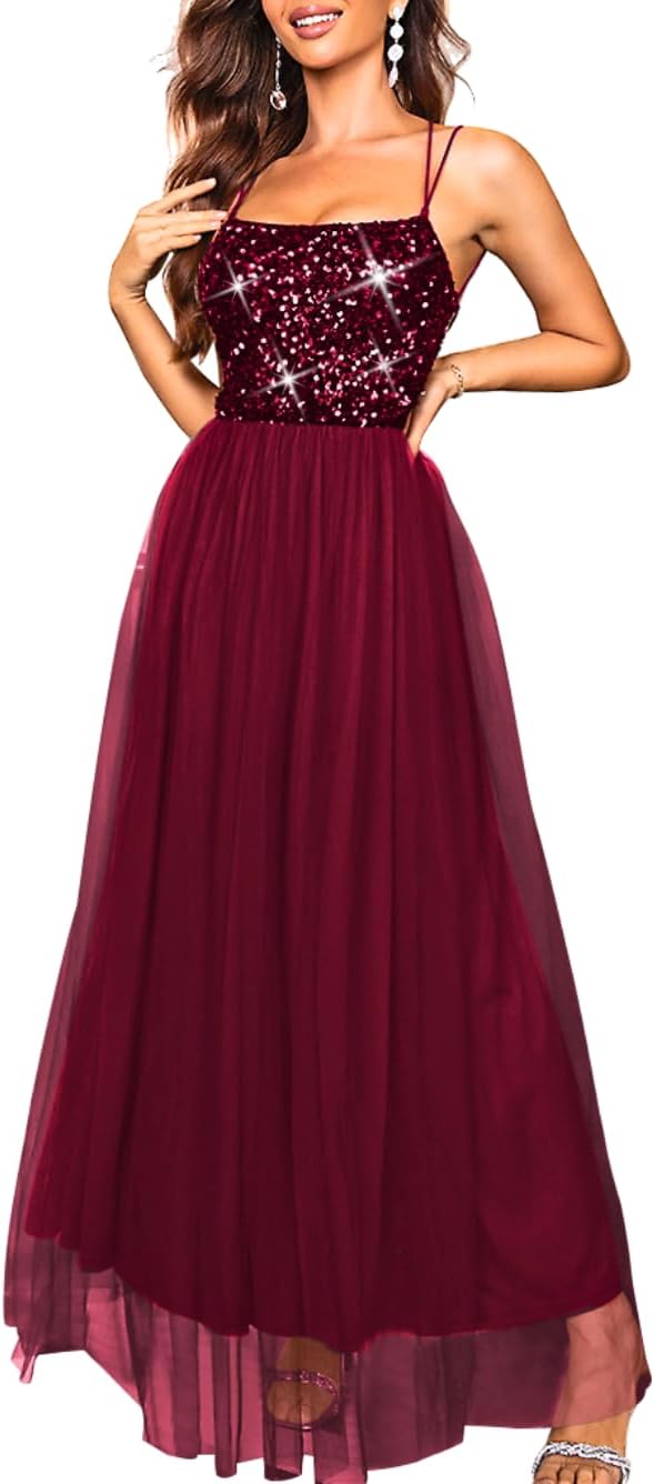 Tulle Prom Dress with Slit,Sequin Backless Long Flowy Dresses for Women,Sexy Sparkly Outfits Homecoming Wedding