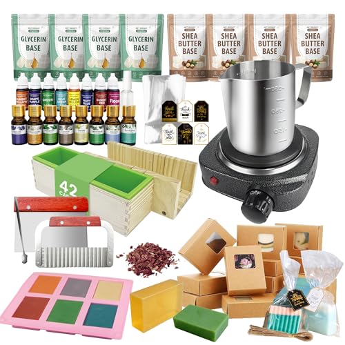 VUSIBA Deluxe Soap Making Supplies Kit for Adults All-in-One Soap Kit for Begineers DIY Natural Soap Making Kits with Hot Plate 4.4 lbs Soap Base Fragrance Oils Dyes and Packing Supplies