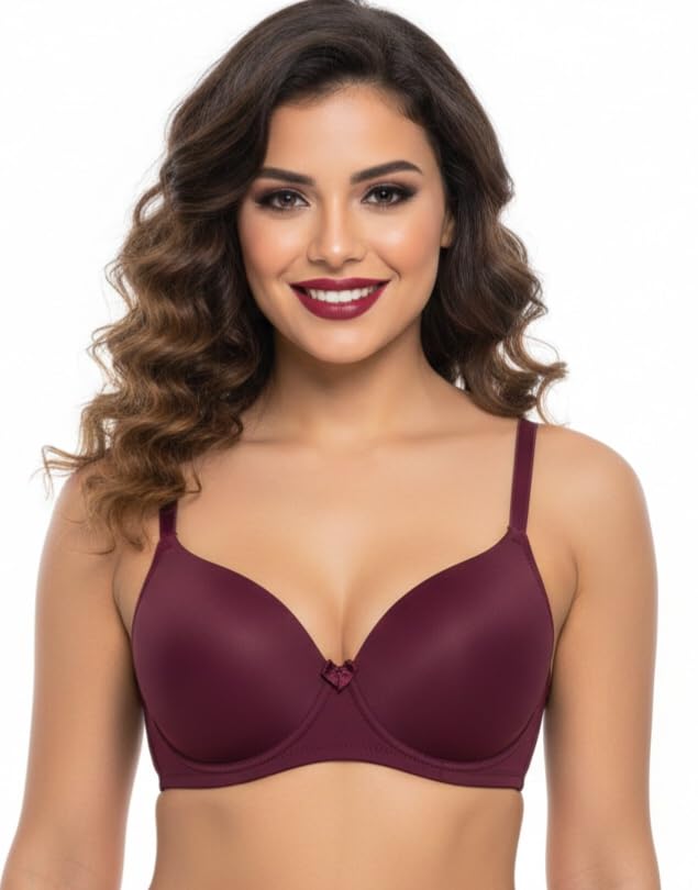 Women's Padded Full-Coverage T-Shirt Bra, Wirefree, Seamless Molded Cups, Burgundy Wine-image-40
