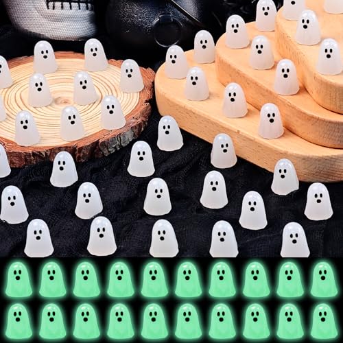 Feivando 60 Pcs Halloween Luminous Mini Ghost Figures Glow in the Dark Tiny Little Resin White Ghost Statues Miniature Figurines for Halloween Party Favors Micro Landscape Dollhouse Decoration