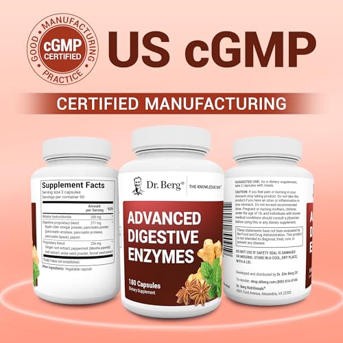 Image of Dr. Berg Advanced Digestive Enzymes with Apple Cider Vinegar - Includes Digestive Health Ingredients Like Betaine Hydrochloride (HCI), Ginger Root & Peppermint Leaf - 180 Capsules