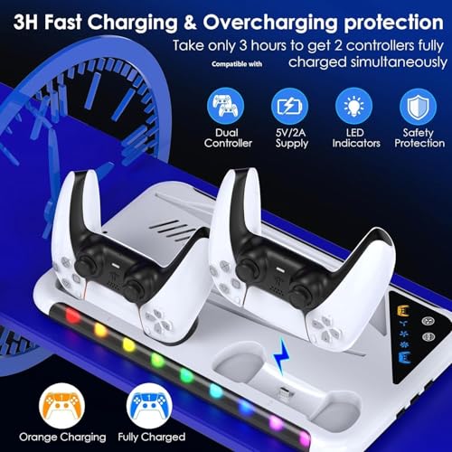 Image of PSS Compatible with PS 5 S tand for PS 5 / PS5 Slim Console Disk /Digital Cooling Stand 3 Levels Fan RGB LED, Dual Controller Charging Station for PS5 Accessories,Headset Holder, 13 Game Disk Stand