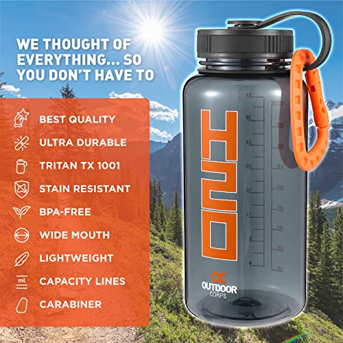 Outdoor Corps 32Oz Bpa-Free Tritan Wide Mouth Water Bottle-Durable Plastic Carabiner For Securing To Pack Or Equipment-Perfect For Active Outdoor Lifestyles-Hiking,Camping, Backpacking,Fishing,Hunting #TOP1