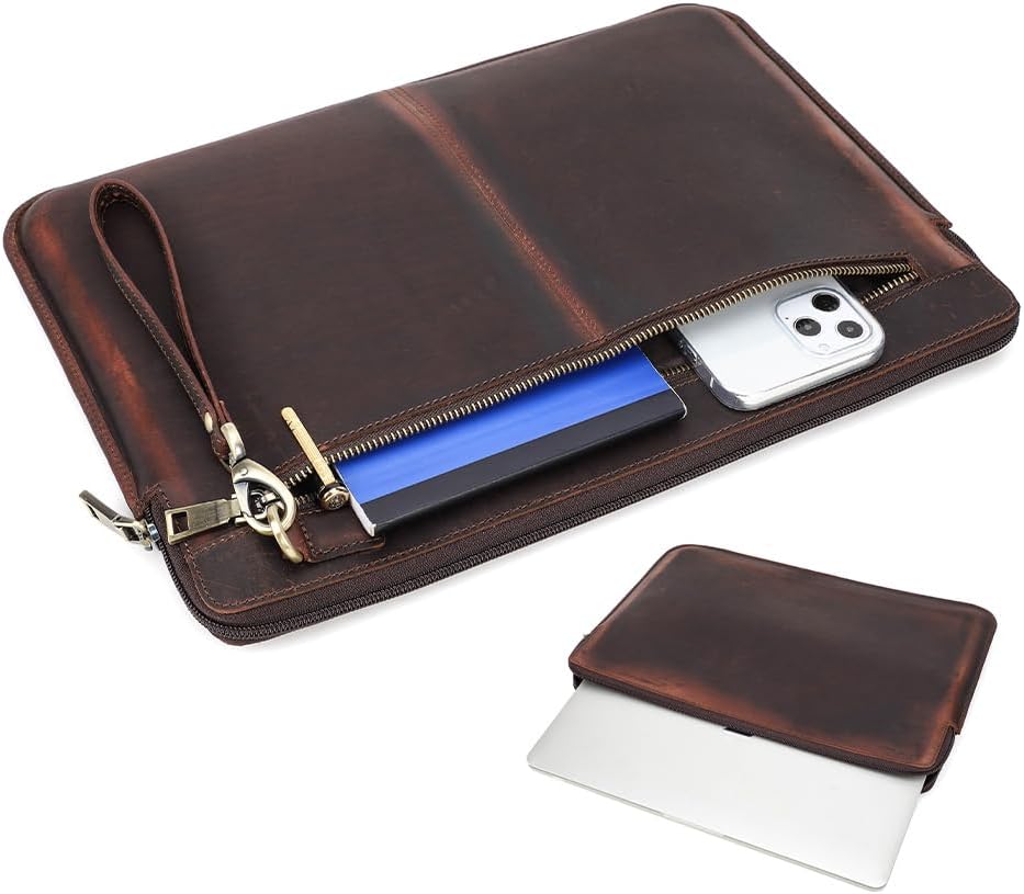Pasta CONTACTS de Couro Legítimo para Notebook 15.4/16″ com Zíper para Documento ou Celular, Material Premium, Organizador de Acessórios, Bolsa Executiva de Luxo(Marrom)