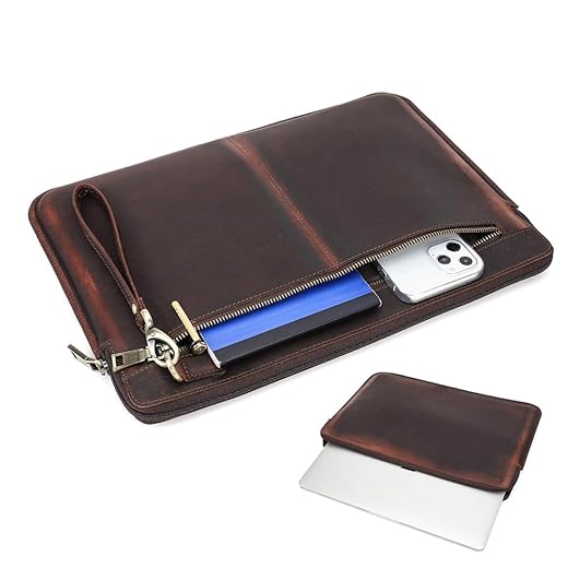 Pasta CONTACTS de Couro Legítimo para Notebook 15.4/16" com Zíper para Documento ou Celular, Material Premium, Organizador de Acessórios, Bolsa Executiva de Luxo(Marrom)