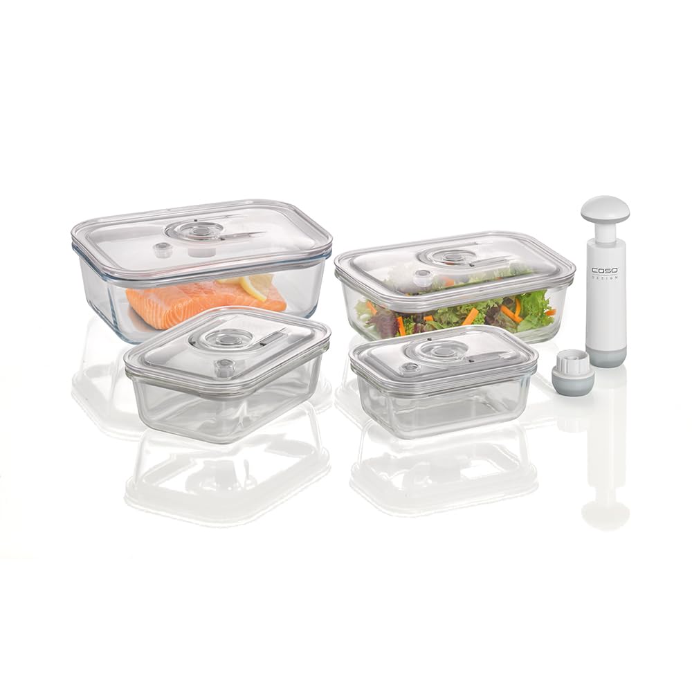 CASO VacuBoxx Lot de 4 récipients sous vide carrés extrêmement stables en verre borosilicate, sans BPA, résistants à la chaleur, passent au lave-vaisselle, au congélateur, neutre au goût, réglage