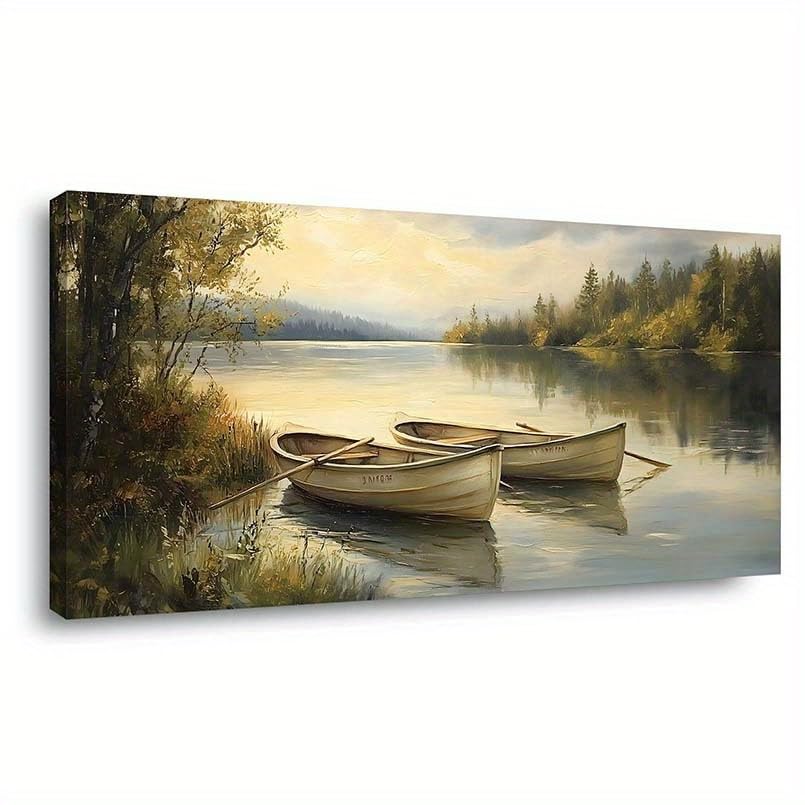 Tableau abstrait moderne de bateaux au bord d'un lac : grande toile encadrée minimaliste pour salon