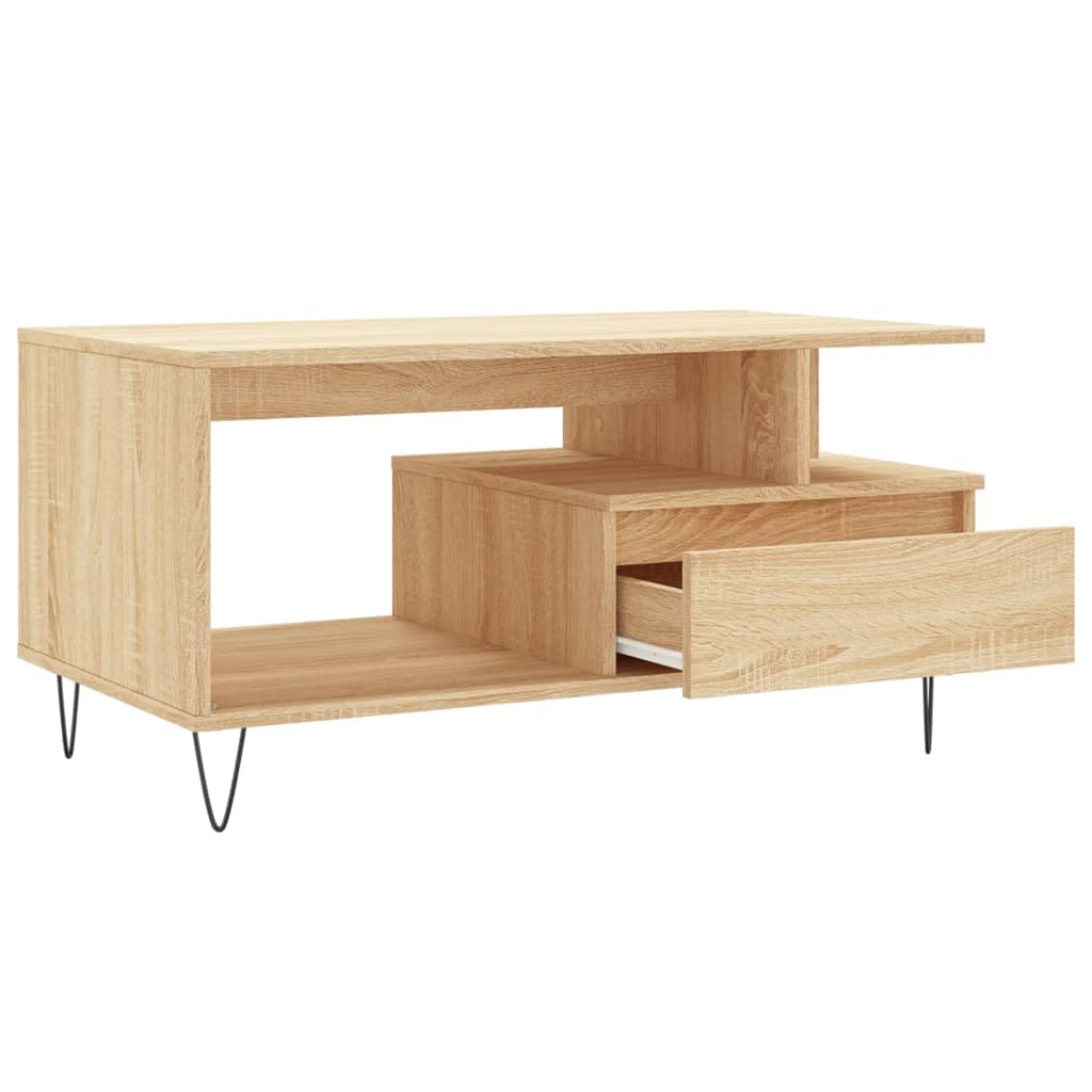 AUVYI Mesa de centro con cajón de roble Sonoma, 90 x 49 x 45 cm, material de madera y metal, mesa de salón con cajones, mesa auxiliar, mesa de sofá, aparador de madera