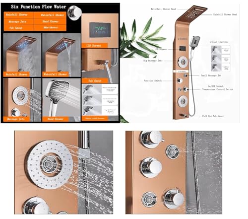 Image of X-XONIER Stainless Steel 304 Grade Shower Panel 7in1+ Extra Large 3Ways Hand Shower Tower System With LED Rainfall Waterfall 2Body Massage 4 Mist Spray Temperature Display Shower Panel.(Rose Gold)