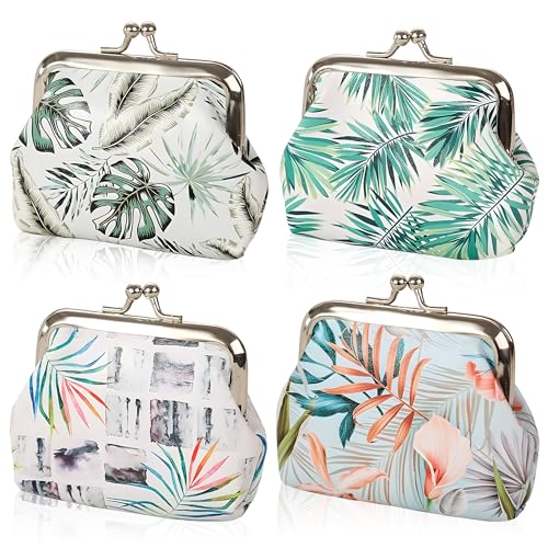 JNYUTEEN Mini Portefeuille 4 Pièces à Motifs, Porte Monnaie en Cuir avec Fermoir Double en Métal, Petit Portefeuille Compact pour Pièces Cartes Clés...