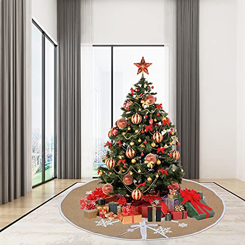 Erone Christmas Tree Skirt 48 Inch, Rustic Burlap White Snowflake Countryside Tree Stand Skirts, For Holiday Decorations Indoor Outdoor (48 Inch) #TOP6