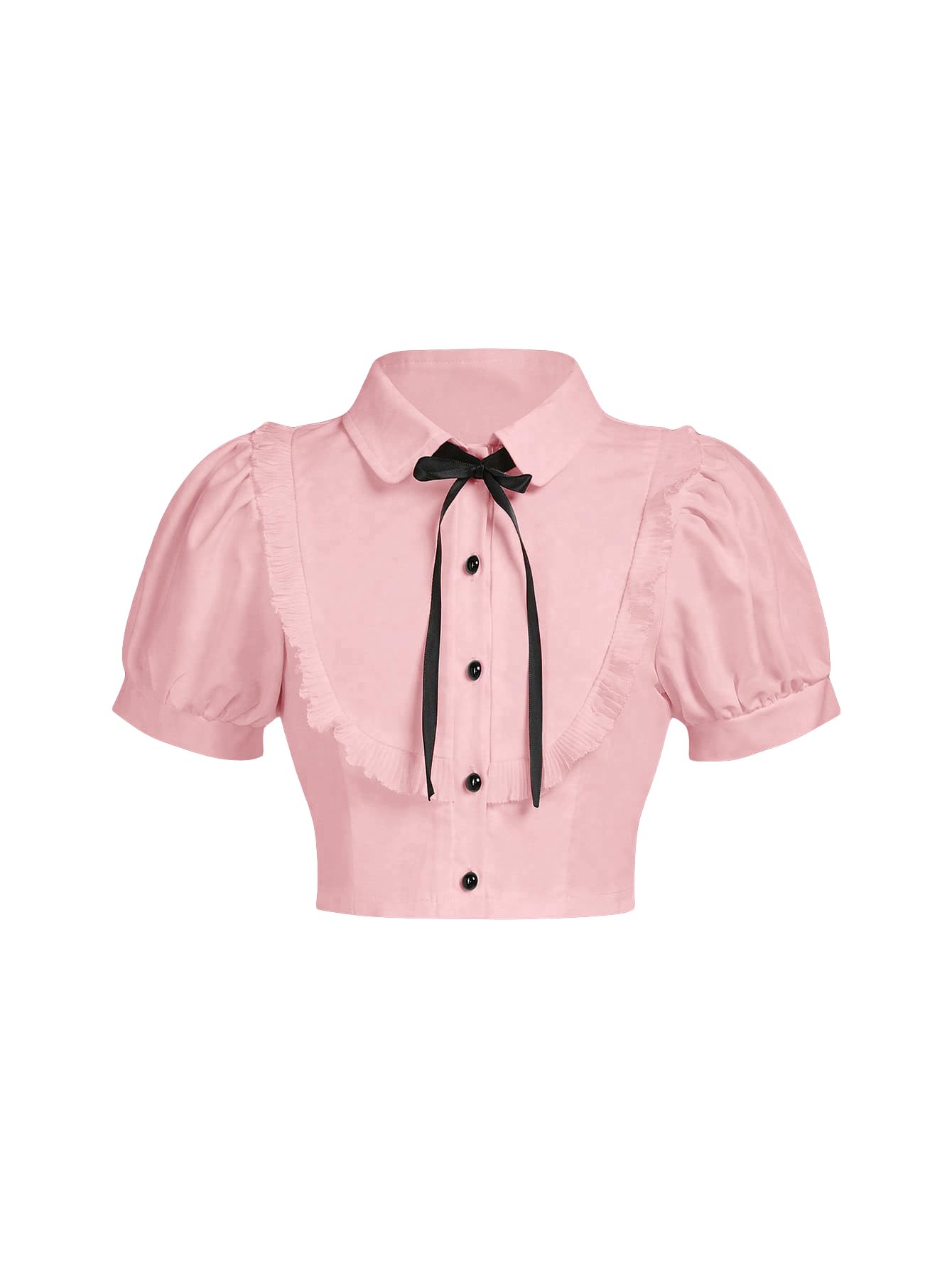 Verdusa Girl's Y2k Cinched Crop Blouse Tie Front Puff Sleeve Ruffle Button Down Collar Shirts