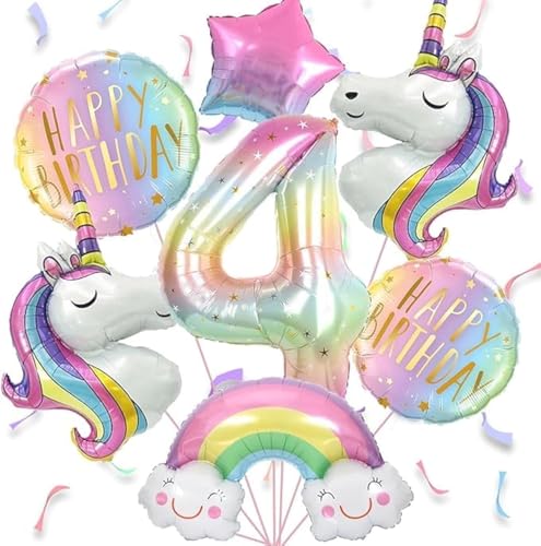 Luftballon Einhorn 4 jahre, 7pcs Luftballons Geburtstag 4 Regenbogen,...