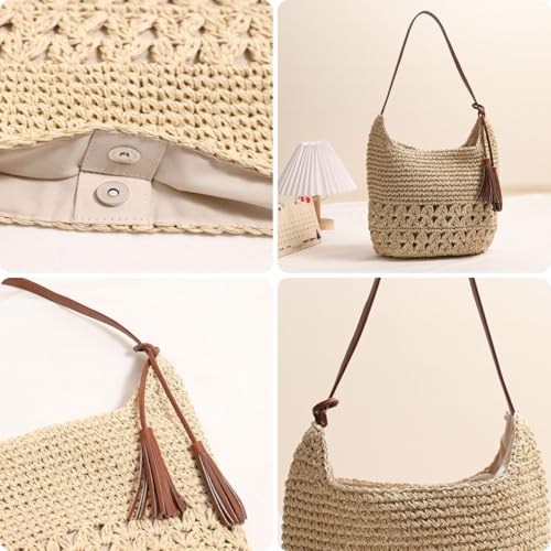Women's Straw Woven Tote Bags Boho Handmade Crochet Wicker Hobo Shoulder Purse Summer Beach Travel Vacation Handbags4